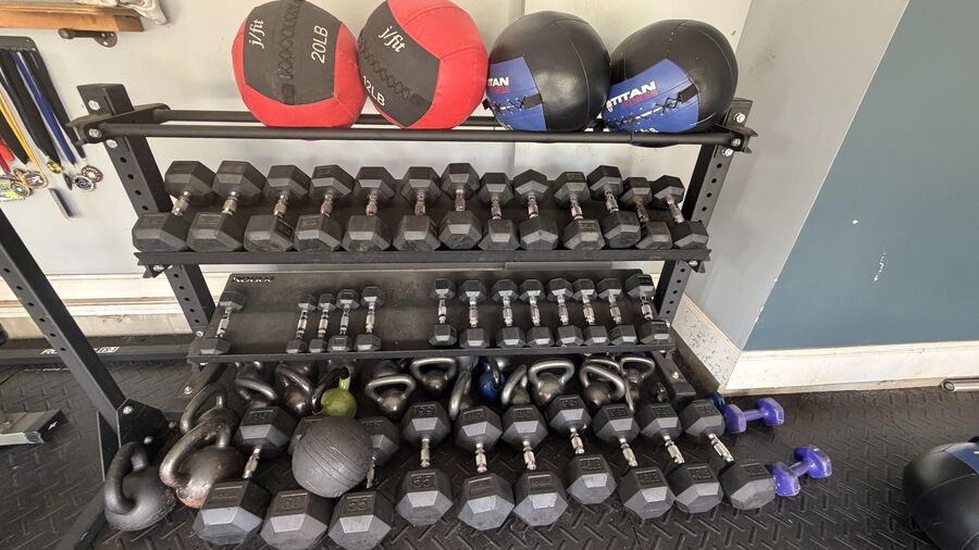 Dumbbell rack, medicine balls, kettlebells