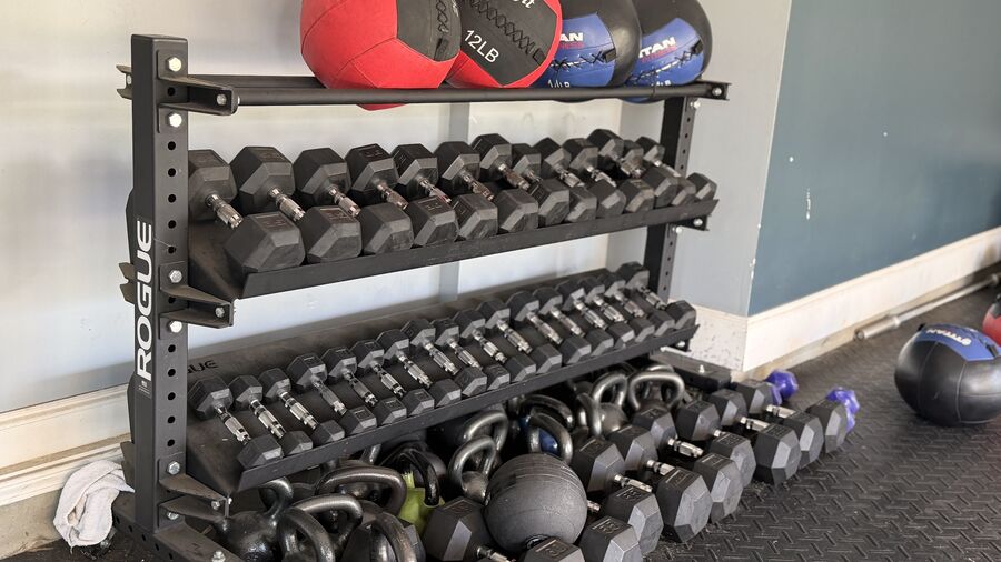 Rogue dumbbell rack with medicine balls